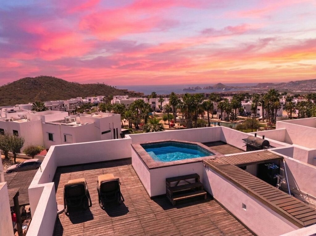 Los Cabos Cumbre Del Tezal Luxury finishes include marble flooring, wood kitchen with granite countertops, built-in wooden closets in all bedrooms, and vanities with tempered glass shower doors in all 3.5 baths. Fully equipped with 5 Gree inverter mini-split A/C units (3 × 1-ton, 2 × 2-ton), LG 22' French Door refrigerator, Whirlpool gas stove, and 1.7 cu ft microwave hood. Additional features: rooftop with bar, grill & sink, private terrace, storage, WiFi smart lock, private 5,000-liter cistern, and termite prevention system. Community: pool, gym, sports courts, kids' area, 3 clubhouses & 24/7 gated security – Santuario, Pacific, BS