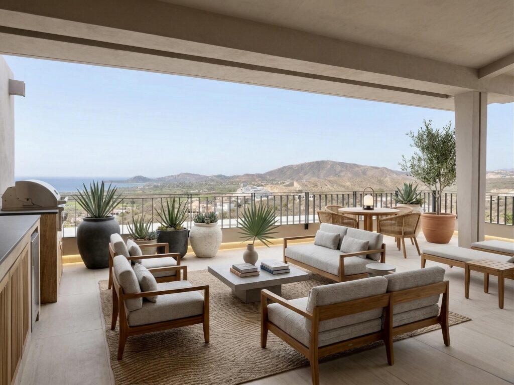 Los Cabos Lumaria Lumaria C-106 is a upscale turnkey two-bedroom, two-bathroom ground-floor residence in El Tezal with ocean, Arch, pool and garden – 306 Bahia de las Palmas, San Jose del Cabo, BS